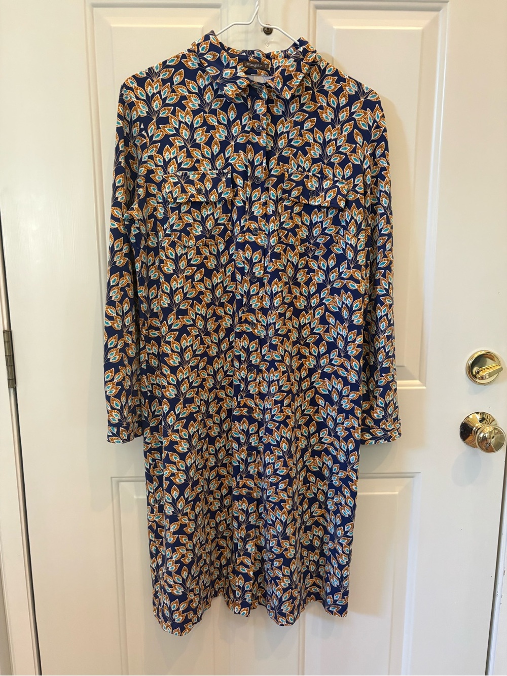 J.McLaughlin Navy Blue Leaf Print Shirt Dress NWOT Missing Belt Preppy Midi